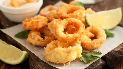 Crispy fried calamari served with lime wedges and dipping sauce on rustic wooden table.