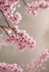 Obraz premium Delicate pink sakura petals drift against a softly blurred spring background , image, serenity