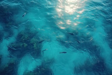 Fototapeta premium Clear turquoise ocean water with fish swimming near underwater rocks reflecting sunlight