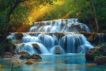 Fototapeta premium Multi-tiered waterfall cascading over rocky ledges surrounded by lush green forest with sunlight streaming through trees creating a serene and peaceful atmosphere