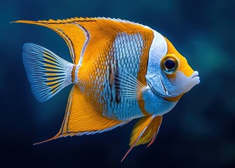 Naklejka premium Colorful tropical fish with striking orange, white, and blue scales swimming against a deep blue underwater background, showcasing intricate fin details