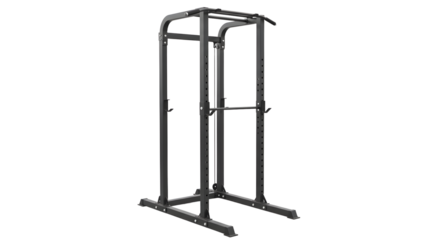 A black power rack positioned in a modern gym, surrounded by exercise equipment and fitness enthusiasts engaged in workouts