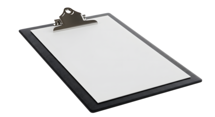 A blank clipboard with a metal clip resting on a smooth surface, ideal for office use or organizational purposes
