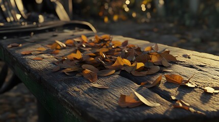 Autumn Leaves on Rustic Wooden Bench Outdoors