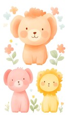 Obraz premium Cute Animal Illustration Dog Elephant Lion Flowers