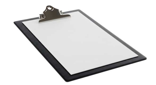 A blank clipboard with a metal clip resting on a smooth surface, ideal for office use or organizational purposes