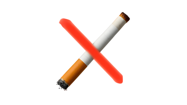 A bold graphic representation of a cigarette with a red prohibition symbol, emphasizing anti-smoking messaging for health awareness