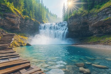 Stunning waterfall cascading into a turquoise pool, surrounded by lush forest.