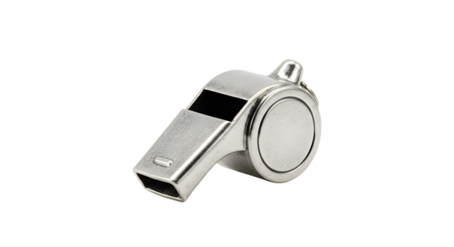 A close-up of a metallic whistle on a white background, highlighting its sleek design and practical use in sports or signaling