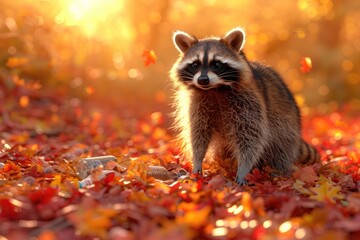 Autumnal raccoon amidst colorful foliage.