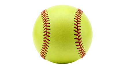 A close-up view of a bright yellow softball showcasing its detailed stitching, ideal for sports-related content