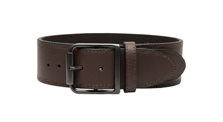 A close-up view of a brown leather belt with a sleek metal buckle, showcasing its craftsmanship against a plain background