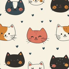 Seamless pattern of cute cartoon cat faces in various colors with small scattered hearts on a light background, depicting playful and happy mood