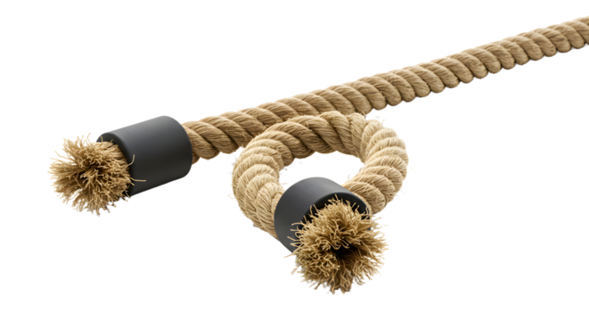 A close-up view of a coiled natural fiber rope with frayed ends, showcasing its texture and durability against a white background