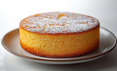 Round golden sponge cake dusted with powdered sugar on a white plate set on a light wooden surface, evoking warmth and homemade comfort