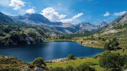 Scenic Mountain Lake surrounded by Green Meadows and Forest beneath a Blue Sky