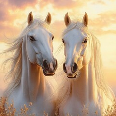 Two white horses standing close together in a field at sunset with soft glowing light and gentle wind in their manes