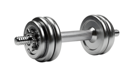 A close-up view of a shiny silver dumbbell resting on a clean surface, highlighting fitness and strength training equipment
