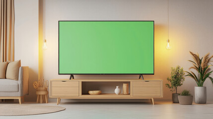 Modern living room with large flat-screen TV on light wood stand