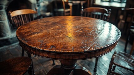 Obraz premium Rustic wooden pub table in cozy pub interior
