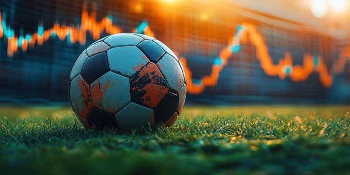 Worn soccer ball resting on grass with a digital stock market graph background at sunset combining sports and financial themes