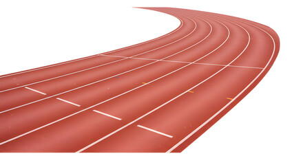 A curved red running track with clear lane markings, set against a bright sky, ideal for athletic training and competitions