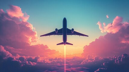 Naklejka premium Airplane flying high above the clouds during a colorful sunset with pink and orange hues illuminating the sky