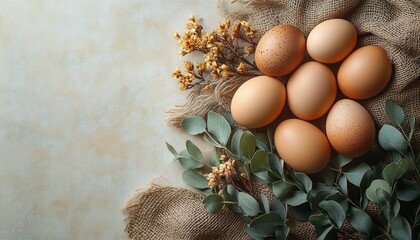 Seven brown eggs placed on burlap cloth surrounded by green eucalyptus leaves and small yellow dried flowers on a light textured surface