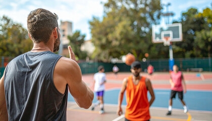 A man coaching a basketball game on an outdoor court with several players around