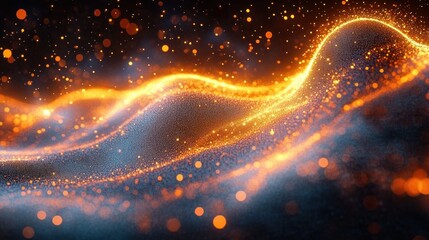 Abstract glowing waves with golden particles and neon light sparkling in dark space creating a dynamic and futuristic atmosphere