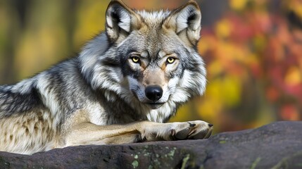 Majestic Gray Wolf Resting on Rock Autumn Background