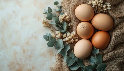 Arrangement of five brown eggs nestled on rustic burlap fabric surrounded by dried white flowers and green eucalyptus leaves on a light textured background