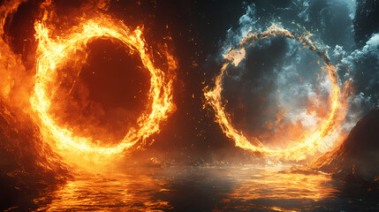Fototapeta premium An enigmatic contrast: fiery circles adorned with elements of water and flames against opposing dark and light backdrops. [Echoes of Industry] | Forge Halo | burning ring. Illustration