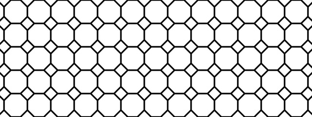 Fototapeta premium Tile floor or wall pattern with octagon and square shapes. Mosaic texture in vintage style. Cafe or restaurant interior ornament. Black and white geometric print. Vector outline illustration.