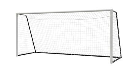 A pristine soccer goal positioned on a well-maintained field, ready for an exciting match with spectators in the background