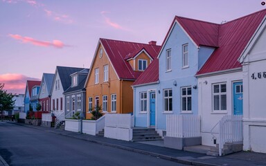summer,Reykjav&iacute;k, Iceland, Colorful Icelandic Houses at Dusk