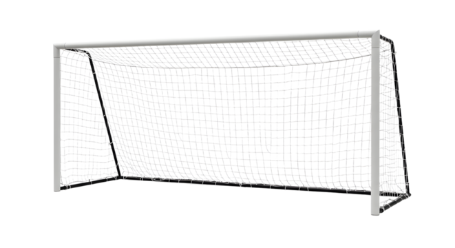 A pristine soccer goal positioned on a well-maintained field, ready for an exciting match with spectators in the background