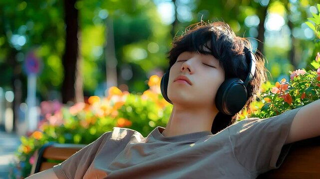 明るい公園のベンチで目を閉じてヘッドフォンで音楽を聴く若いアジア人男性