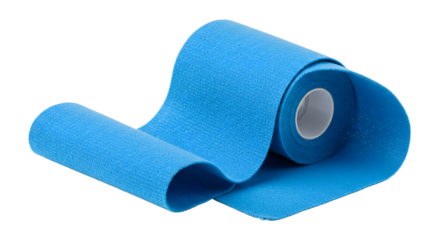 A roll of vibrant blue athletic tape unrolling on a clean surface, ideal for sports injury support and rehabilitation
