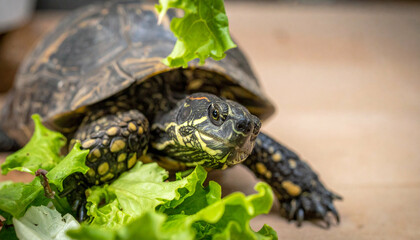 Obraz premium A turtle enjoys lettuce in a bright and airy setting with focus on the creature