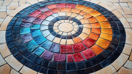 Naklejka premium Colorful spiral mosaic made of textured square tiles arranged in concentric circles on a stone floor, displaying a vibrant gradient from blue to red and orange hues