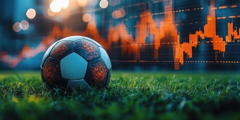 close-up of a black and orange soccer ball resting on green grass with an orange digital graph and blurred lights in the background, evoking a mix of sports and data analysis