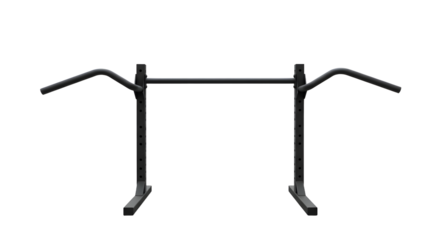 A sturdy black workout barbell rack positioned in a gym setting, showcasing fitness equipment with weights and exercise mats in the background