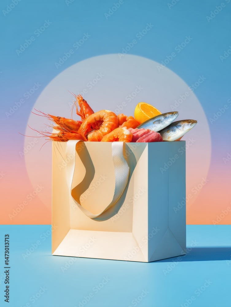 Poster Seafood Delivery Package Filled With Fresh Shrimp and Fish on a Colorful Gradient Backdrop in a Modern Setting