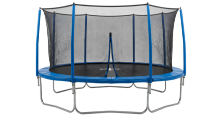 A vibrant backyard trampoline surrounded by a sunny garden, perfect for family fun and outdoor activities