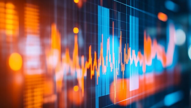 Financial data displayed on a screen, showing fluctuating graphs and charts in vibrant colors - Powered by Adobe
