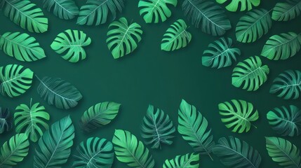 Various green tropical leaves arranged around a green background, creating a natural, fresh, and calming atmosphere