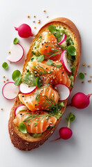 Fototapeta premium Flat lay of a Nordic open-faced sandwich (smørrebrød) with smoked salmon, dill, and radish, on rustic rye bread, isolated on white