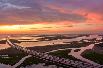 Aerial view of Mobile Bay at sunset in April