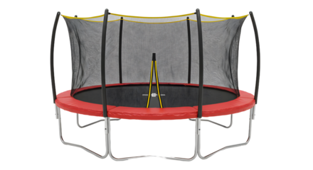 A vibrant outdoor trampoline with safety net set in a sunny backyard, perfect for family fun and exercise